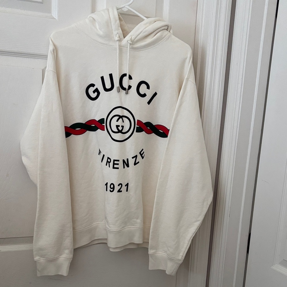 Gucci Cream Hoodie with Black and Red Green Logo